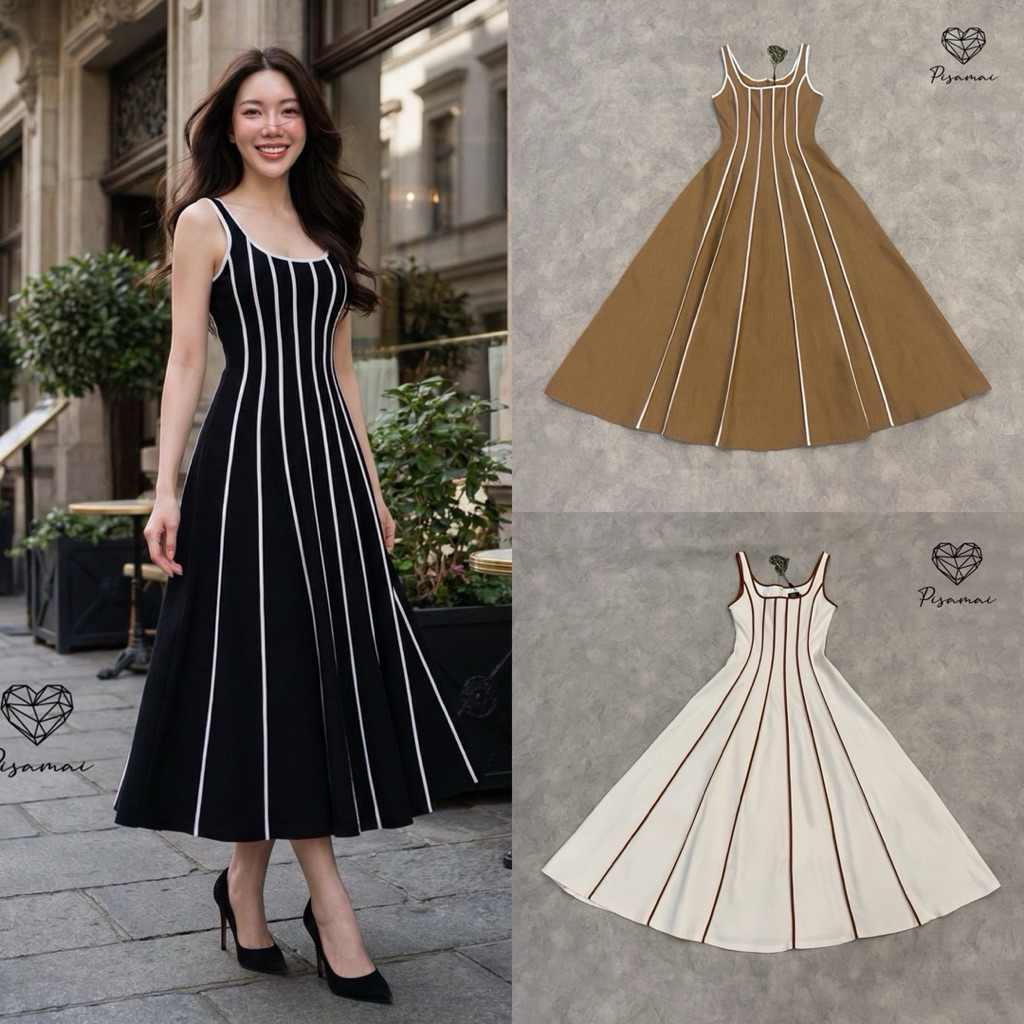 [PISAMAI] เดรสแขนกุดตัวยาวสีครีมทรงบานแต่งลายเส้นสีน้ำตาลนูน สวยมาก