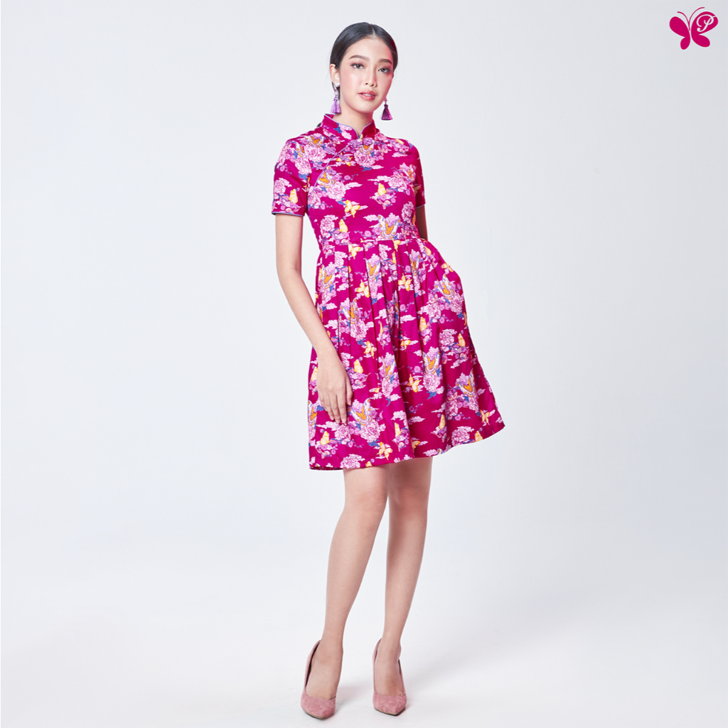 เดรสผู้หญิง [Papillon] Woman Shanghai Dream Dress - Butterfly พิมพ์ลายผีเสื้อและดอกโบตั๋น ผ้าCotton 