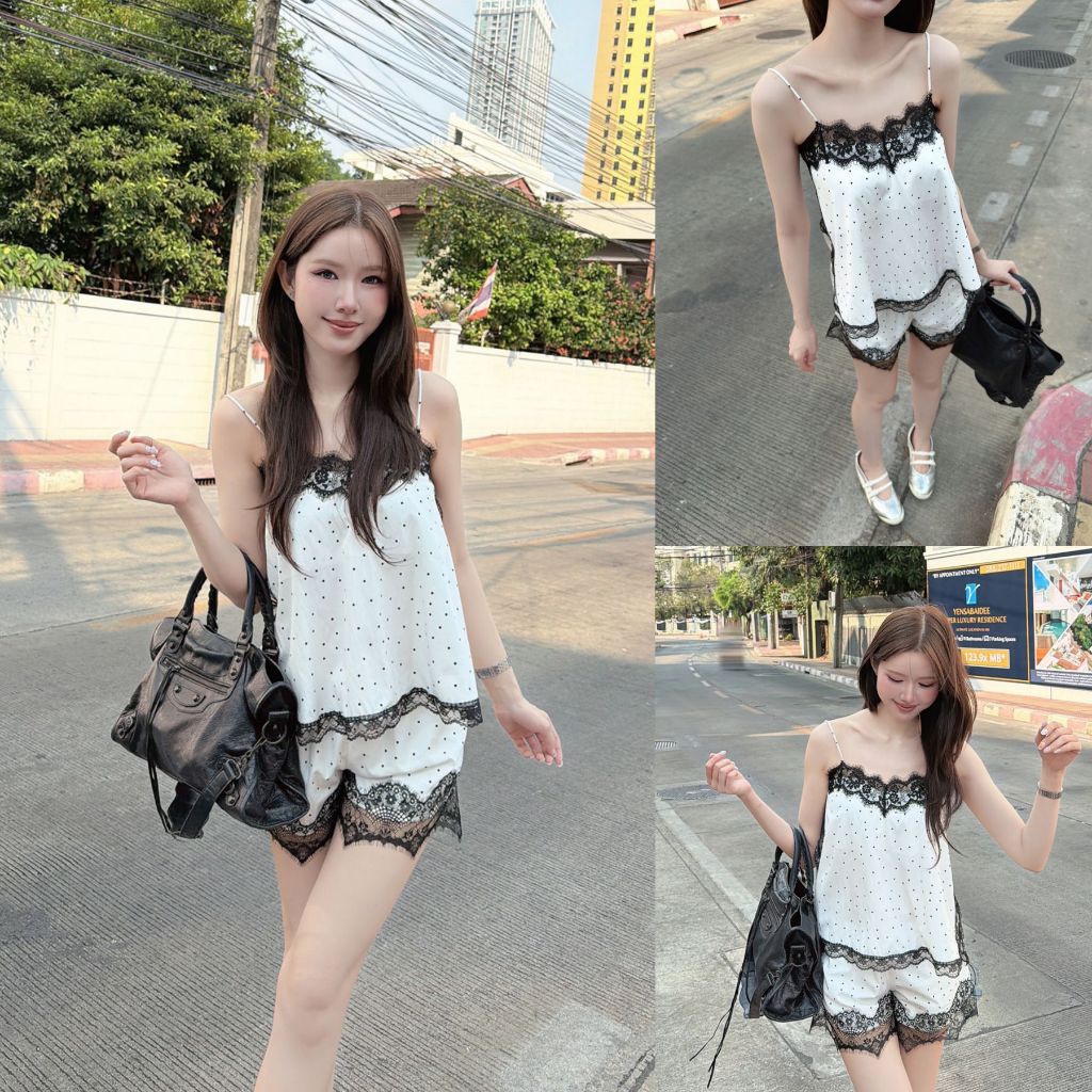 SLYQ POLKA DOT SINGLET TOP & SHORTS SET ชุดเซ็ตเสื้อสายเดี่ยวและกางเกงขาสั้นแต่งลูกไม้