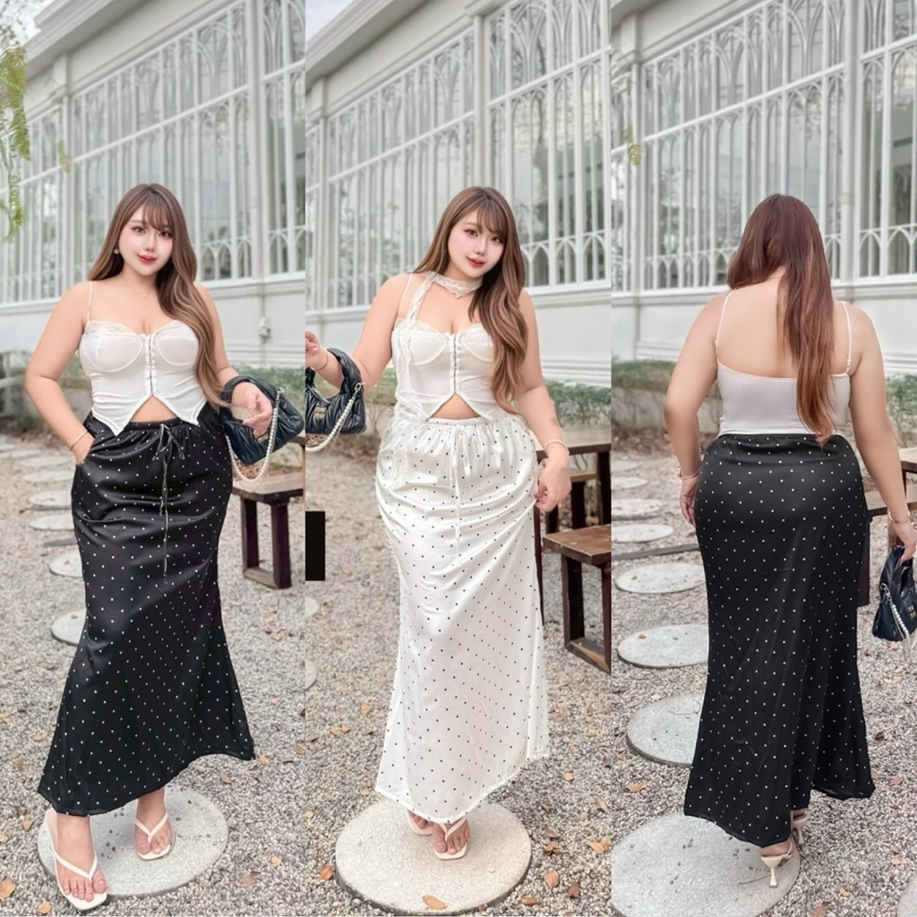 /CC/ กระโปรงผ้าซาตินลายจุด ฟรีไซส์เอว32-44 เอวสม็อครอบ มีเชือกรูดกระชับ ผ้านิ่มลื่น ใส่สบาย #พลัสไซส์