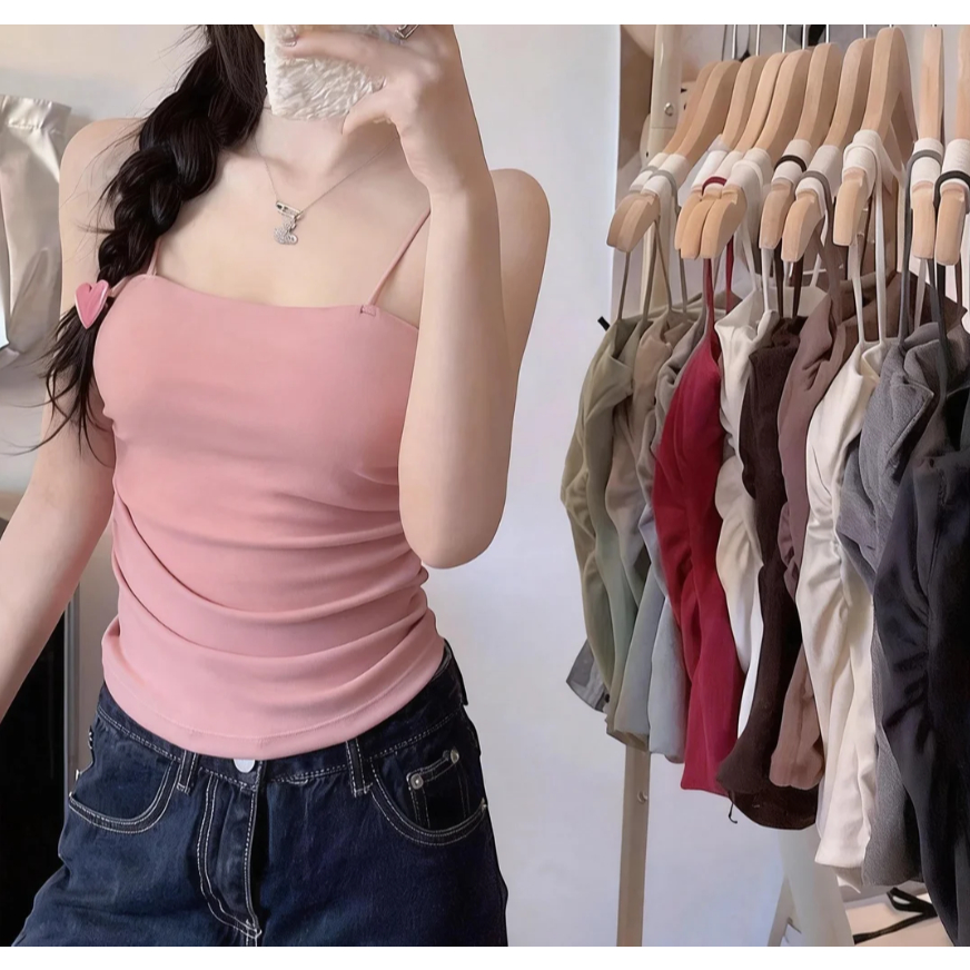 Lace & Bliss🌸เสื้อกล้ามครอปสายเดี่ยว ฟรีไซส์ ฟองน้ำในตัว ผ้านุ่มใส่สบาย ทรงเป๊ะ เบสิก สีพื้นเปิดไหล่#D01