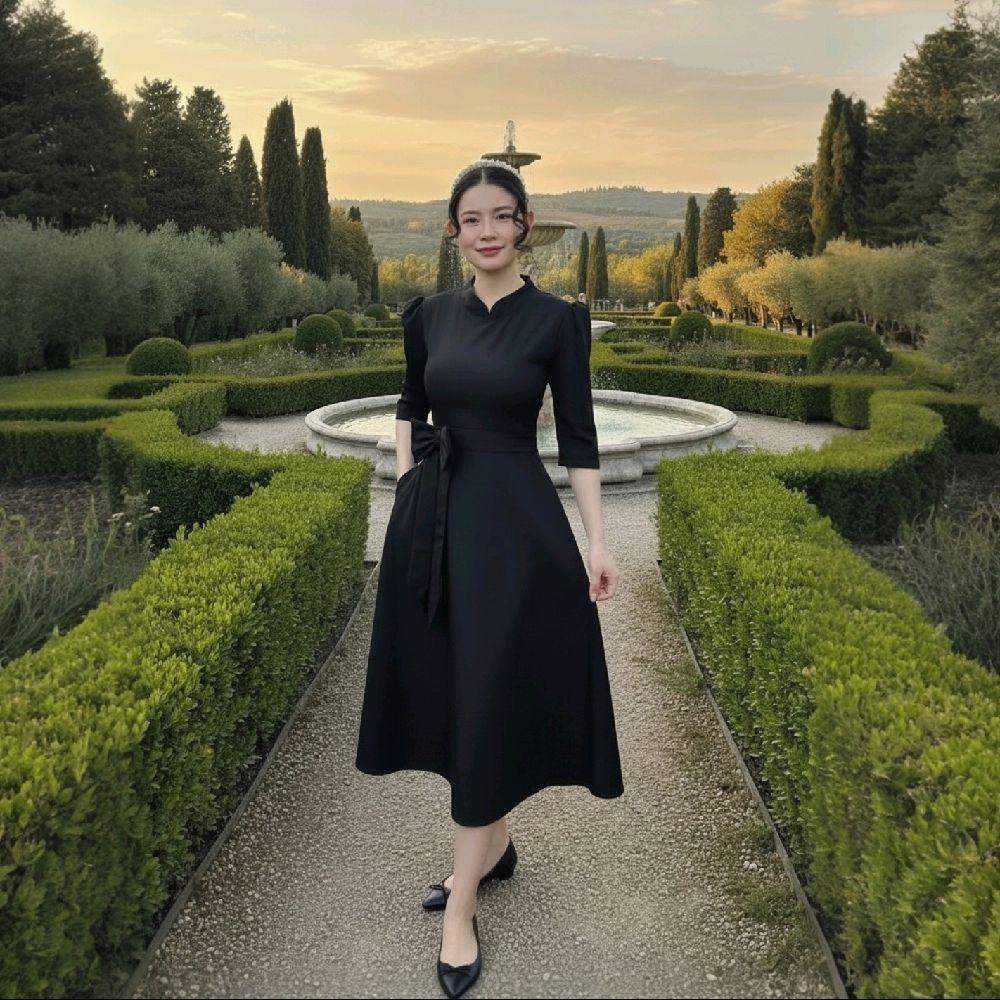 DS29 เดรสออกงานคอจีนแต่งโบว์(**ผ้าสโนว**)ดีเทลสวยสุภาพเรียบหรู สำรอง ยาว43นิ้ว ป้ายบงกชเดรส