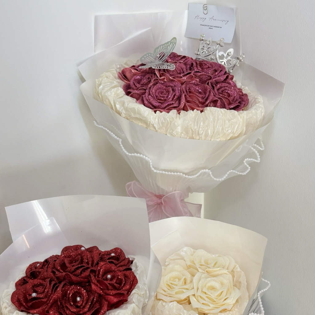 [ 7ดอก ]ช่อดอกไม้ ดอกกุหลาบ ช่อดอกไม้ดอกกุหลาบ ดอกกุหลาบกากเพชร ดอกกุหลาบริบบิ้น - รูปที่ 4