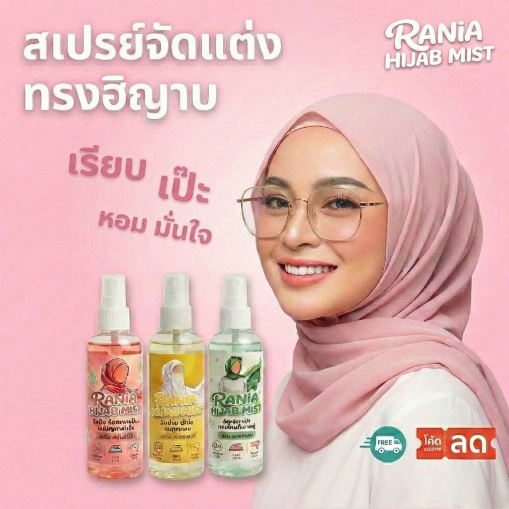 สเปรย์ฉีดผ้าคลุมให้เป็นทรง แบรนด์ RANIA (ราเนีย)สูตรใส ไม่มีแอลกอฮอล์ แห้งไว ล็อกทรงอยู่ กลิ่นไม่ฉุน ใช้รีดและไดร์ได้