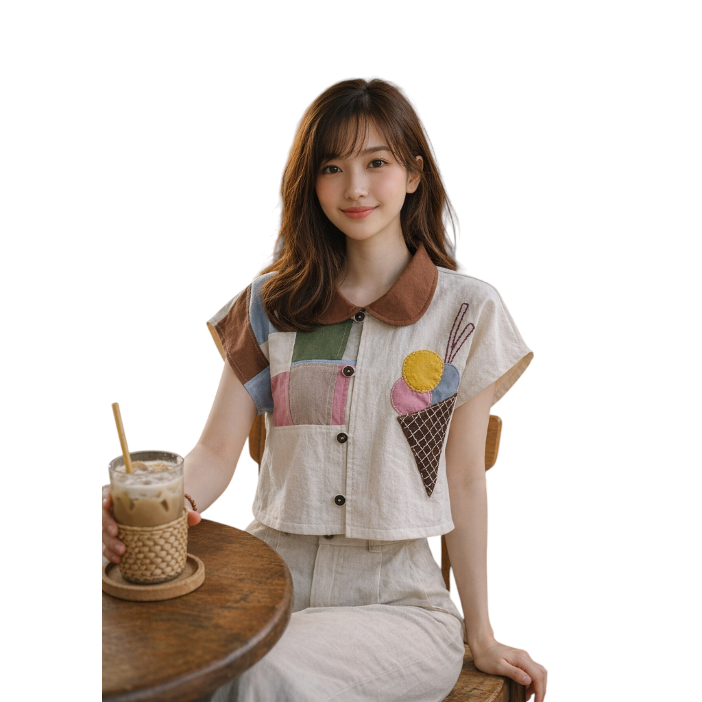 [KK.COTTON] เสื้อครอปคอบัวลายไอศกรีม กระดุมหน้า ผ้าฝ้าย Patchwork Handmade สไตล์โบฮีเมียน งานแฮนด์เมด ไซส์ M–6XL
