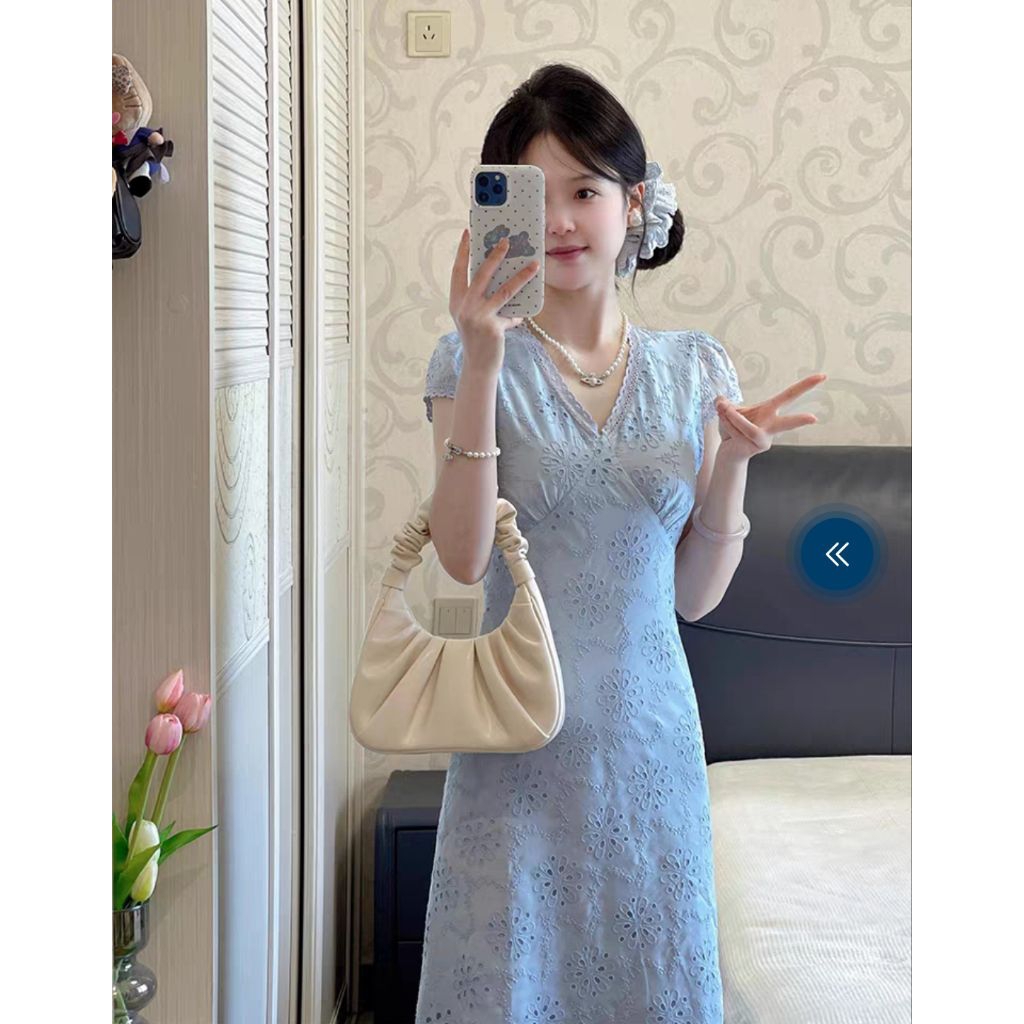 เดรสยาว งานพรีเมียมคัดพิเศษ ปักลายแจ็คการ์ดทั่วทั้งตัว สไตล์ฝรั่งเศสหวานๆ แนวแฟชั่นดงแดมุนเกาหลีดีไซน์ปักและฉลุลาย ดูหรู