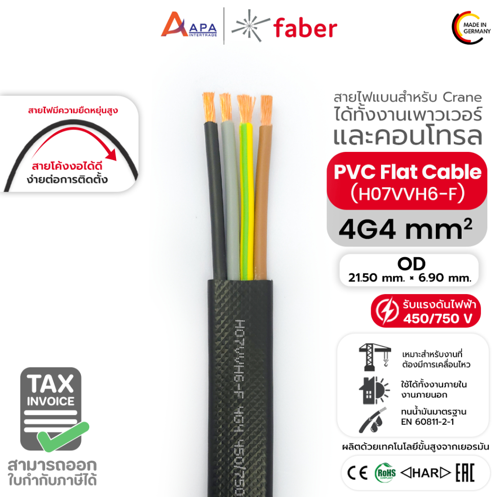 PVC Flat Cable (H07VVH6-F) 4G4 SQ.MM FARBER KABEL (1 ชิ้น = 1 เมตร)