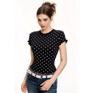 VaVa【ในสต็อก】เสื้อยืดแขนสั้นลายดาวสไตล์เรโทรอเมริกันสำหรับผู้หญิง เสื้อครอปสำหรับฤดูร้อน