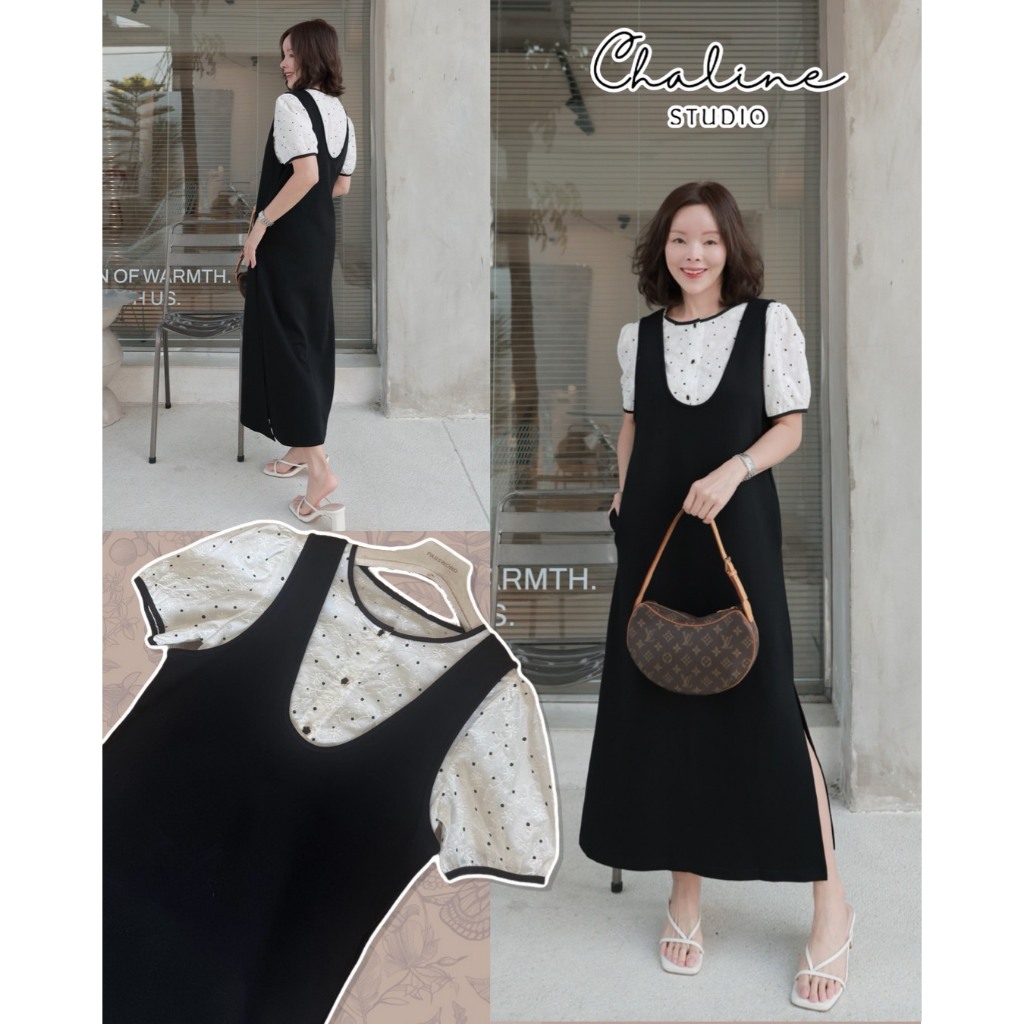 •CHALINE STUDIO• P&C 49582 Set 2 pcs. เซทเอี๊ยมมาใหม่ค่า เอี๊ยมกระโปรงงานผ้านุ่มหนากำลังดี ผ่าข้าง1