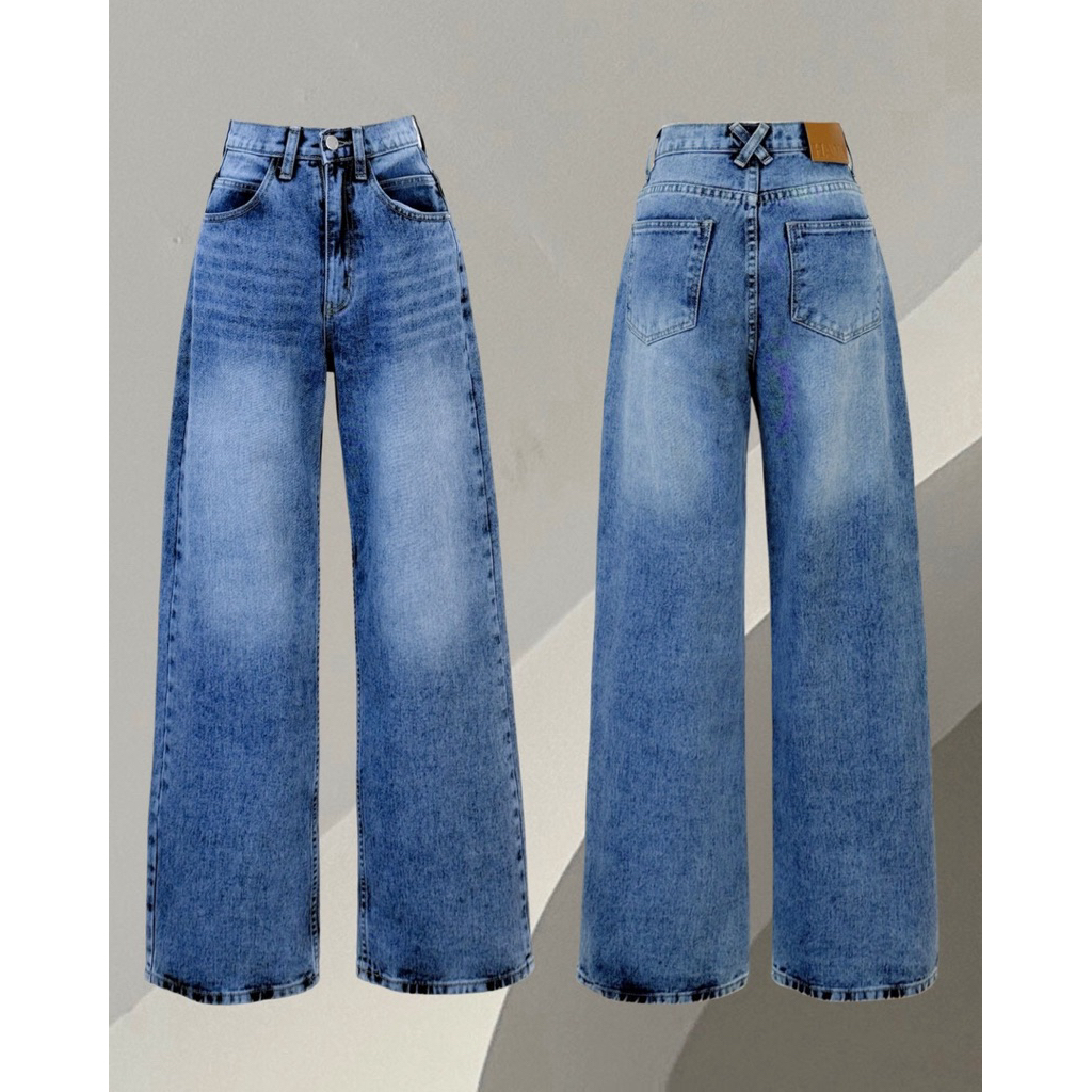 INFINITY : Prime Jeans (ไพรม์) กางเกงยีนส์ขากระบอกใหญ่ ผ้ายีนส์แท้ไม่ยืด สียีนส์เข้มเฟดนิดๆ