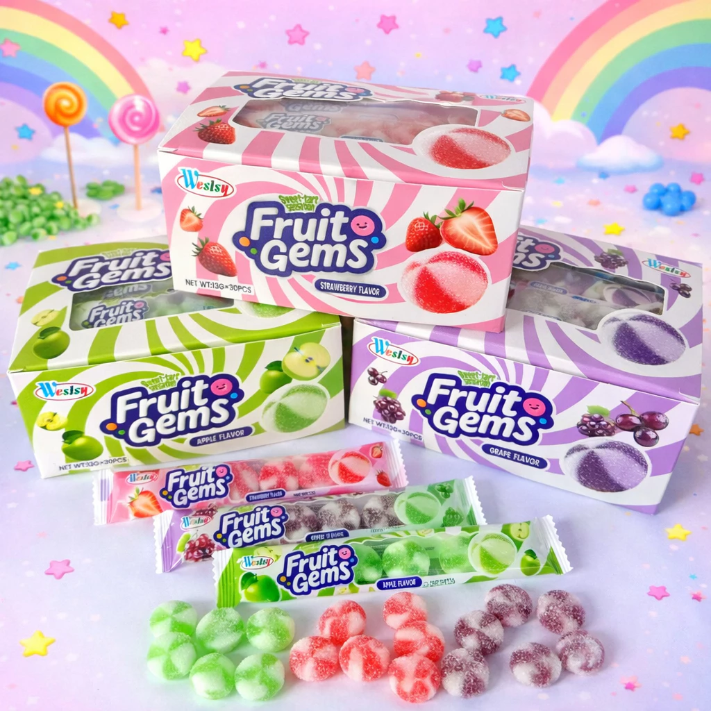 เยลลี่ fruit gems เยลลี่เคลือบน้ำตาล ผลไม้ มี 3 รส 1 กล่อง 30 ชิ้น