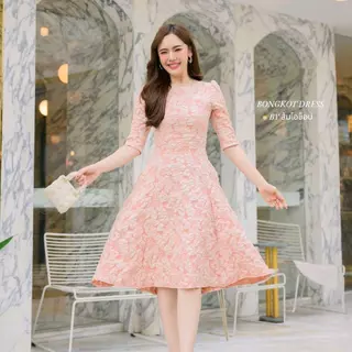 DL07 (**ผ้าลัชชูลายชบา **)เดรสออกงานแขน3ส่วน ชุดทำงาน ชุดไปคาเฟ่สวยสุภาพเรียบหรู (ลงตรงไซส์)