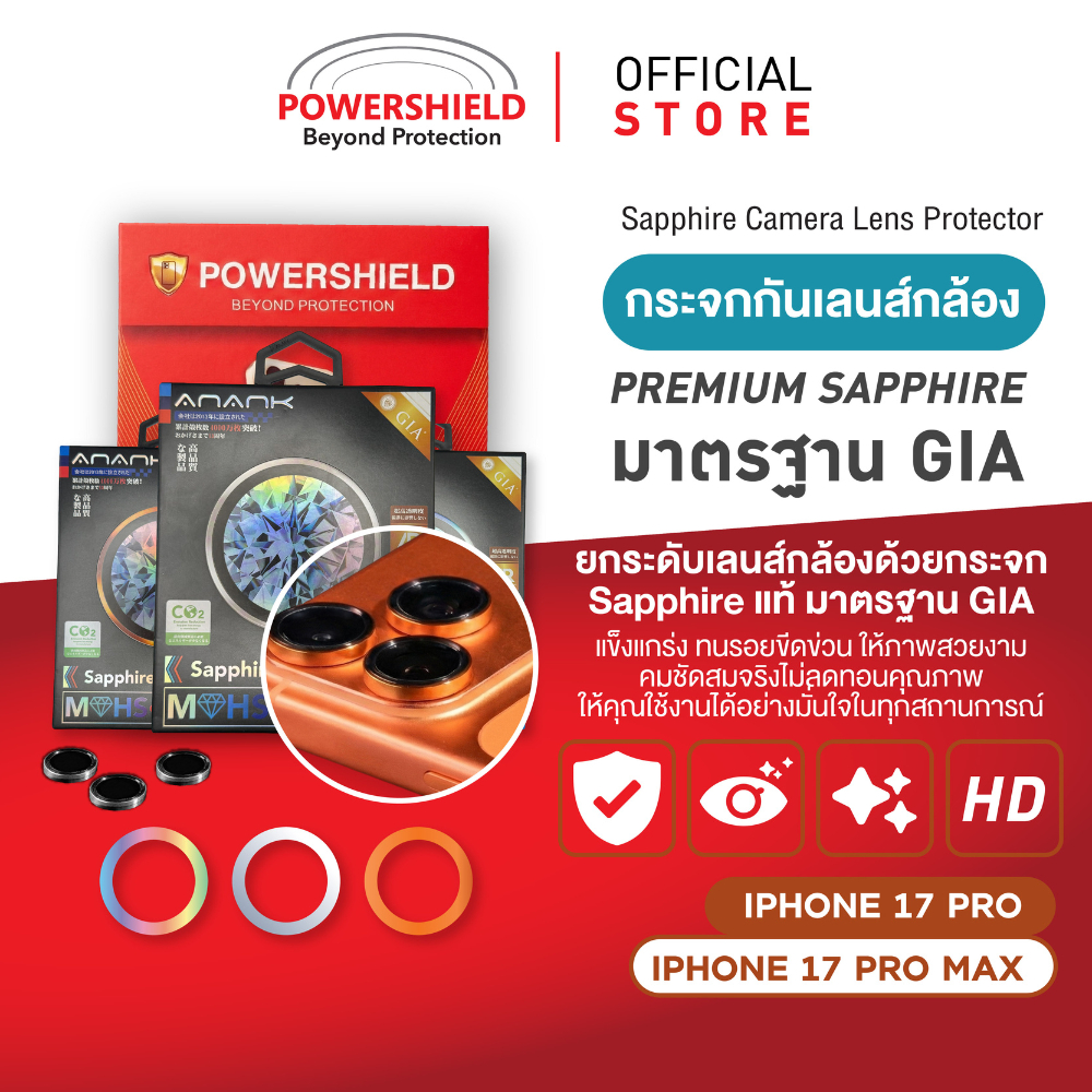 POWERSHIELD x ANANK กระจกเลนส์กล้อง สำหรับ iPhone 17Promax/ 17Pro รุ่น Sapphirre Lens Guard