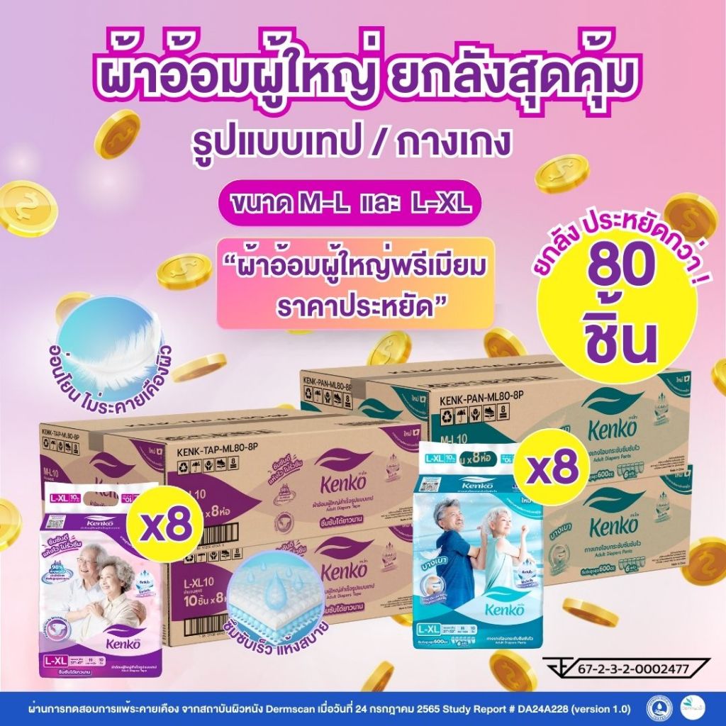Kenko ผ้าอ้อมผู้ใหญ่สำเร็จรูปแบบเทป/แบบกางเกง [ ยกลังสุดคุ้ม!! ] แพมเพิสผู้ใหญ่  ผิวแพ้ง่าย