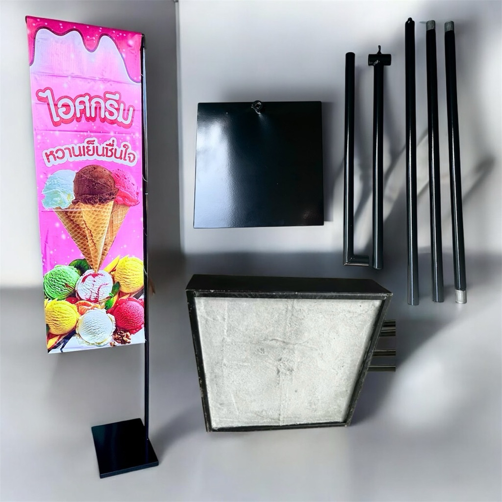 เสาธงญี่ปุ่น ฐานปูน ขาตั้งป้าย ถอดประกอบ 3 ท่อน (ขนาดฐาน 35*35 cm เทปูนพร้อมใช้งาน) # สีดำ