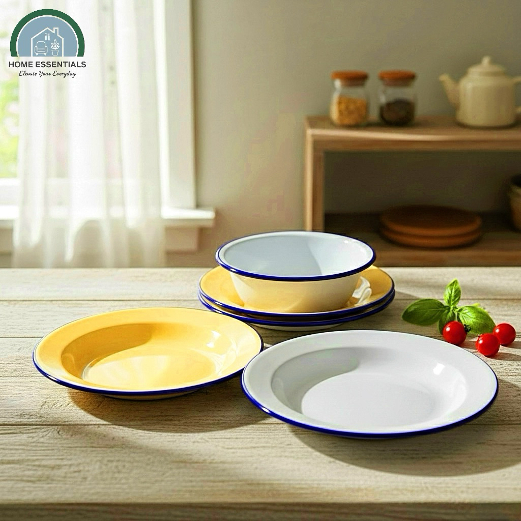 GOGO จาน ชาม สังกะสี ขอบน้ำเงิน สีขาว / สีครีม