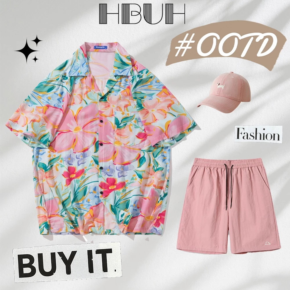 HBUH เสื้อฮาวายลายดอก แขนสั้น ติดกระดุม ชาย-หญิง