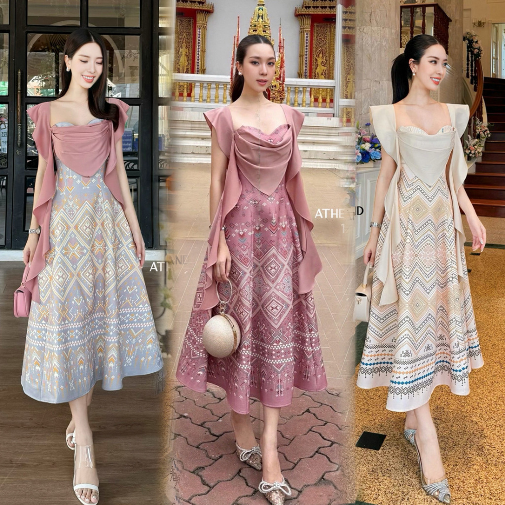 S-XL ชุดเดรสลายผ้าไทยสวยๆ สีครีม/ชมพู  ใส่ทำบุญ ไปวัด ไปงานแต่งงานบวช  #Athena #ชุดไทยประยุกต์