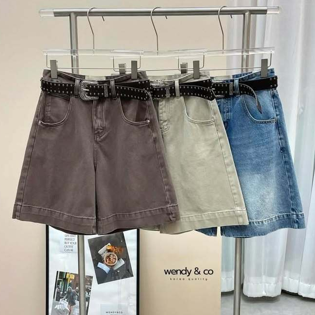 Wendy&co DARIM Bermuda Shorts Jeans กางเกงยีนส์ขา3ส่วน+เข็มขัดหนังตอกหมุด เนื้อผ้ายีนส์ฟอก