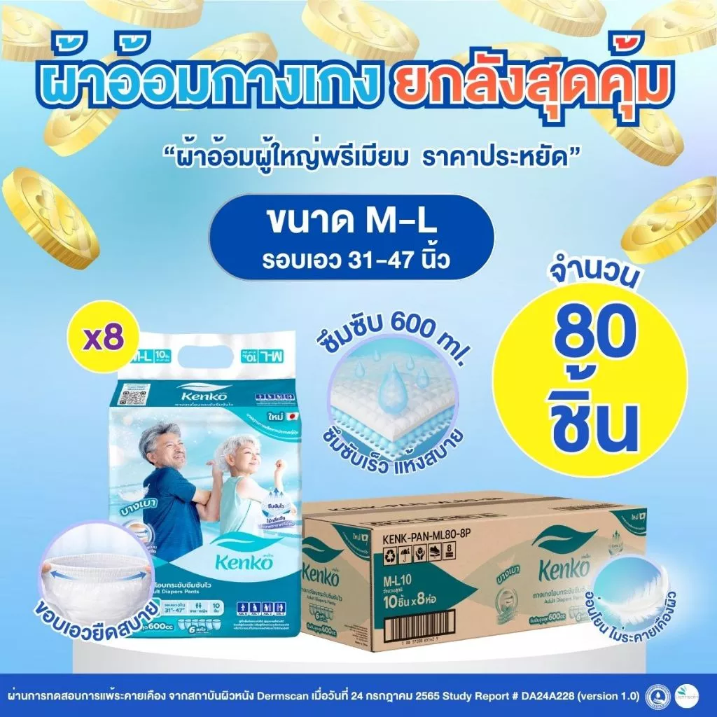 Kenko กางเกงโอบกระชับซึมซับไว [ ยกลังสุดคุ้ม!! ] ขนาด M-L แพมเพิสผู้ใหญ่