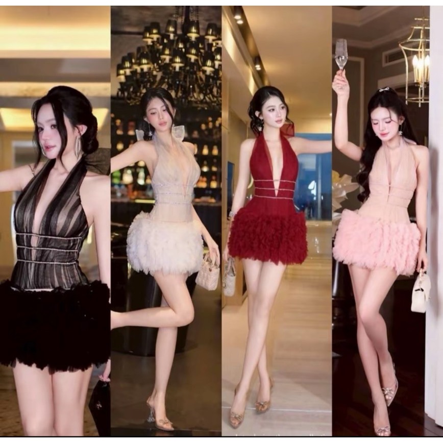 TBB BRAND เดรสคล้องคอแต่งโบว์คอวีลึก ดีเทลคาดสายเพชรกระโปรงฟู