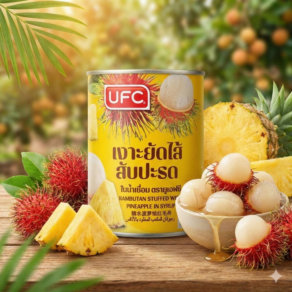 เงาะยัดไส้สับปะรดในน้ำเชื่อม ตรา UFC Rambutan Stuffed with​ Pineapple​ in​ Syrup​ 565g