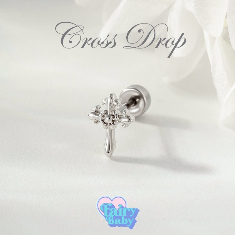 Fairybaby จิว Cross Drop ( 1 ชิ้น ) แป้นแบน จิวตุ้มหู จิวหู ไม้กางเขน หรูหรา เท่ หนา 0.8 ยาว 6 mm (J3-175)