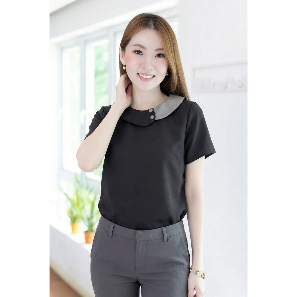 Narinari : MT6401 Contrast Collar Buttoned Blouse เสื้อแต่งปกบัวซ้อนสีผ้าคอนทราสต์