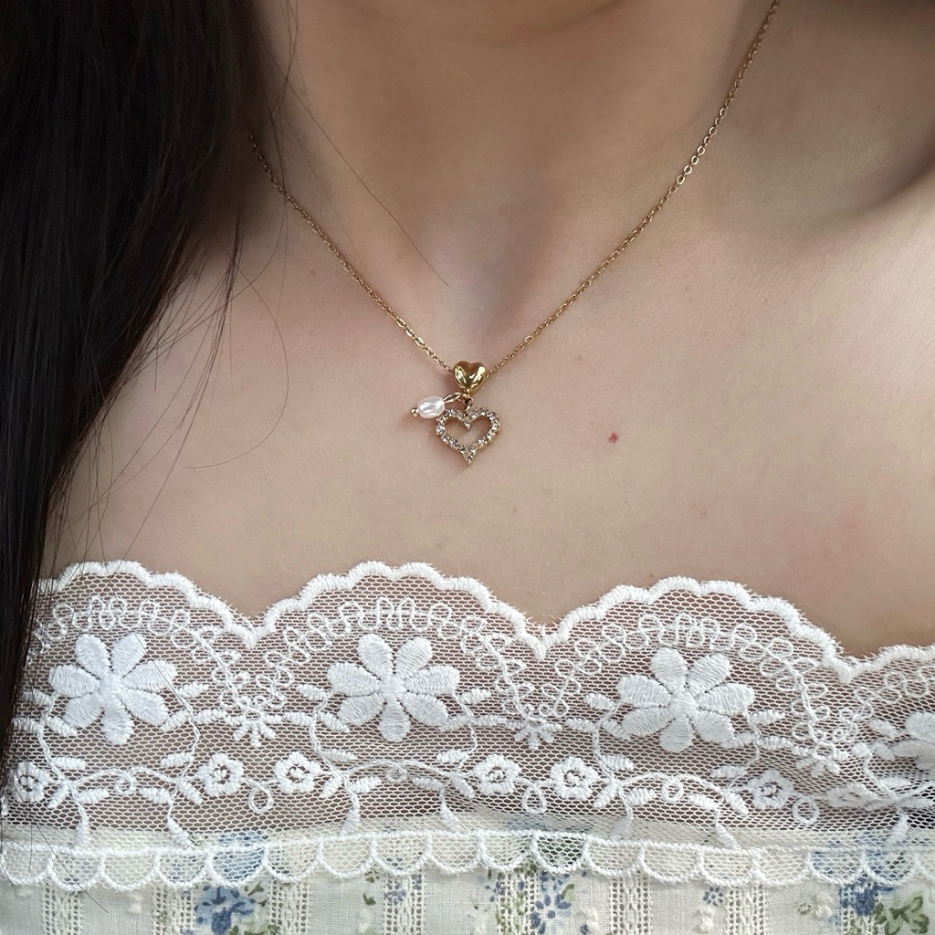 Imnigel Lovelyn Necklace สร้อยคอหัวใจจี้ไข่มุก stainless steel ไม่ลอกไม่ดำ