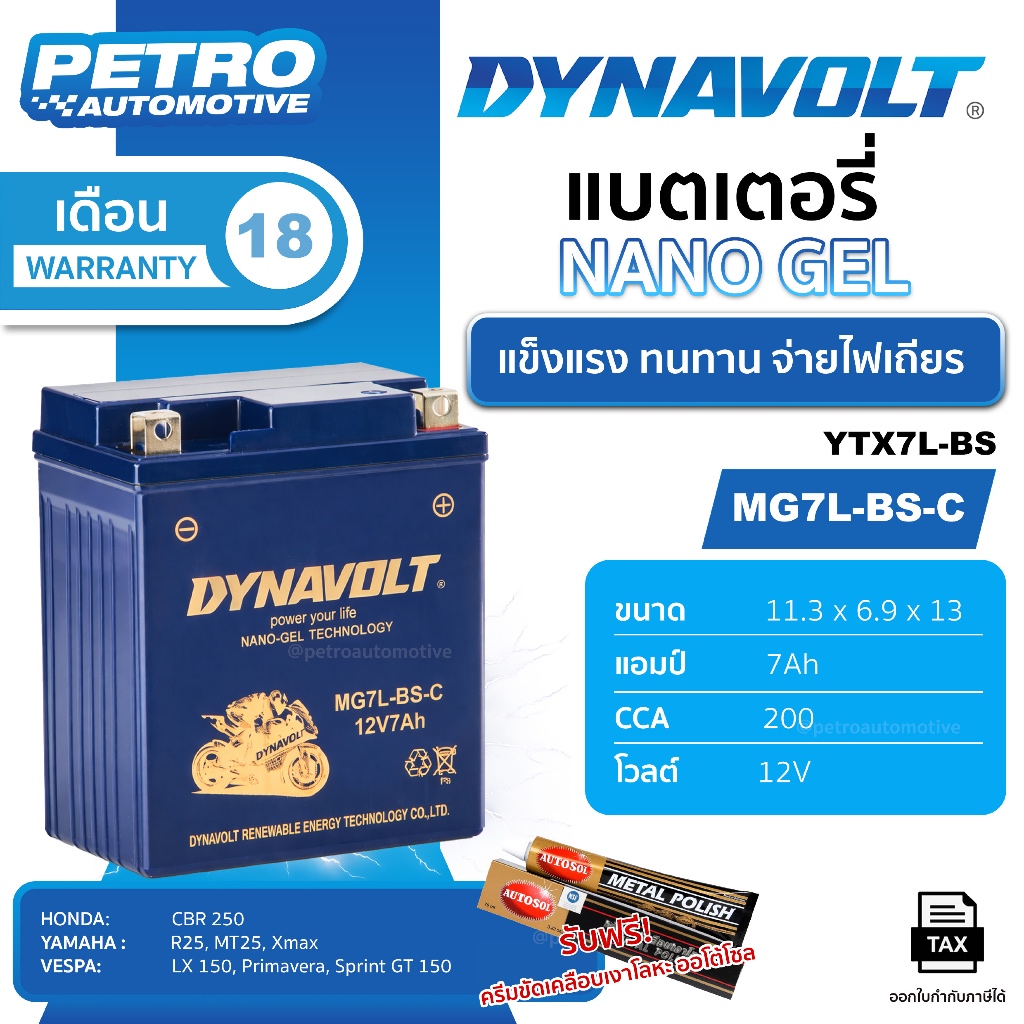 แบตเตอรี่ Dynavolt Nano Gel MG7L-BS-C (YTZ8V / GTZ8V / MBTX7U) 12V 7Ah - CCA 200A เทคโนโลยี Nano Gel