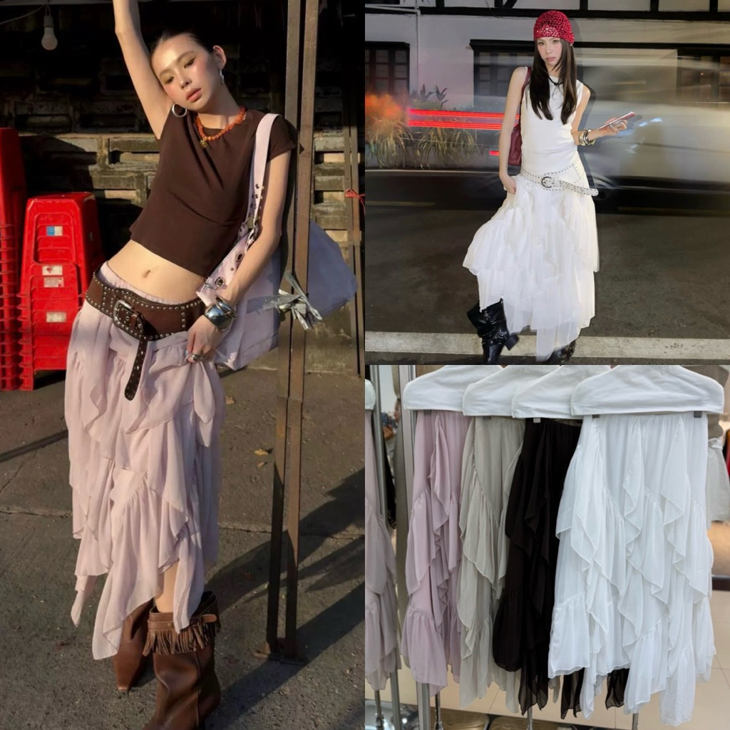 ส่งด่วน 🛵 #26Q065 MMFISH กระโปรงยาว เอวสม็อค ดีไซน์ปลายเฉียงและแต่งระบาย