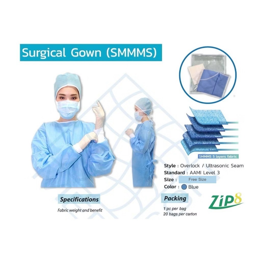 เสื้อกาวน์ผ่าตัดปลอดเชื้อ SMMMS Nonwoven fabric สีฟ้า (ผลิตที่ไทย) (Reinforce)