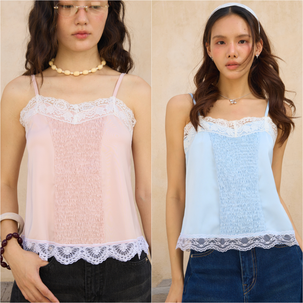 Sis story เสื้อสายเดี่ยว ซาติน แต่งขอบ ลูกไม้ Sis T 14 Blossom Satin Lace Top   - Pink/ Baby blue