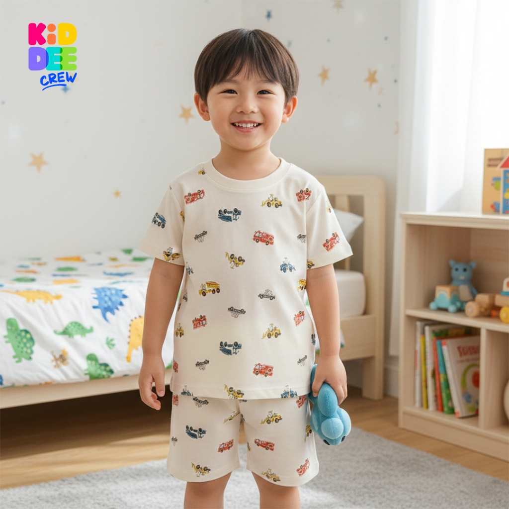 KiddeeCrew ชุดเซ็ทเด็ก เสื้อกางเกงแขนขาสั้น ผ้าcotton100% เสื้อผ้าเด็กลาย ครีมลายรถแดง เหมาะอายุ 1 ปีถึง 12 ปี
