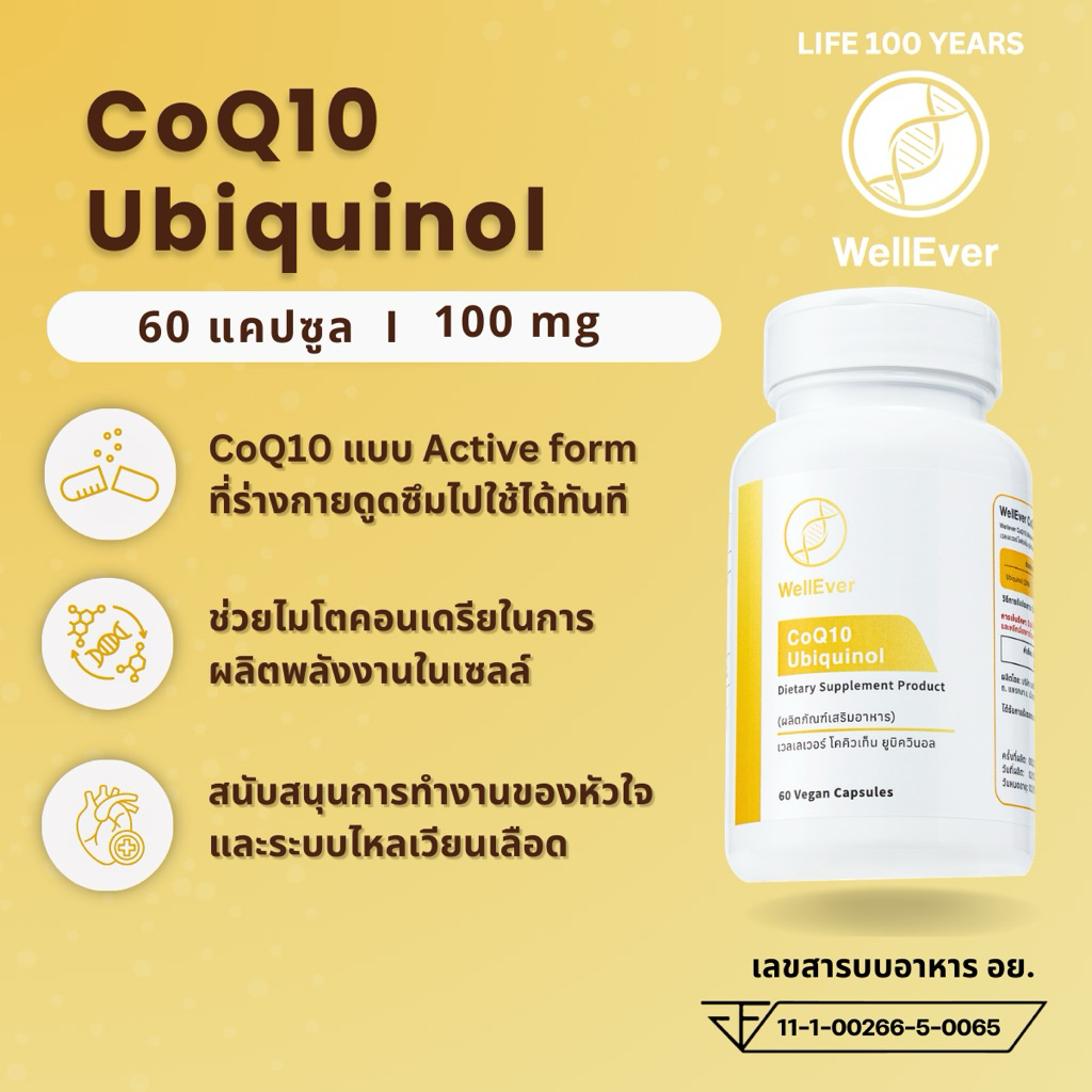 CoQ10 Ubiquinol (60 แคปซูล) WellEver โคคิวเทน ยูบิควินอล 100mg