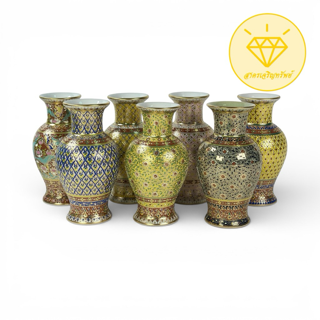 แจกัน สูง 6 นิ้ว แจกันเบญจรงค์ สีนูน ของขวัญปีใหม่ ที่ระลึกเกษียณอายุ แจกันดอกไม้