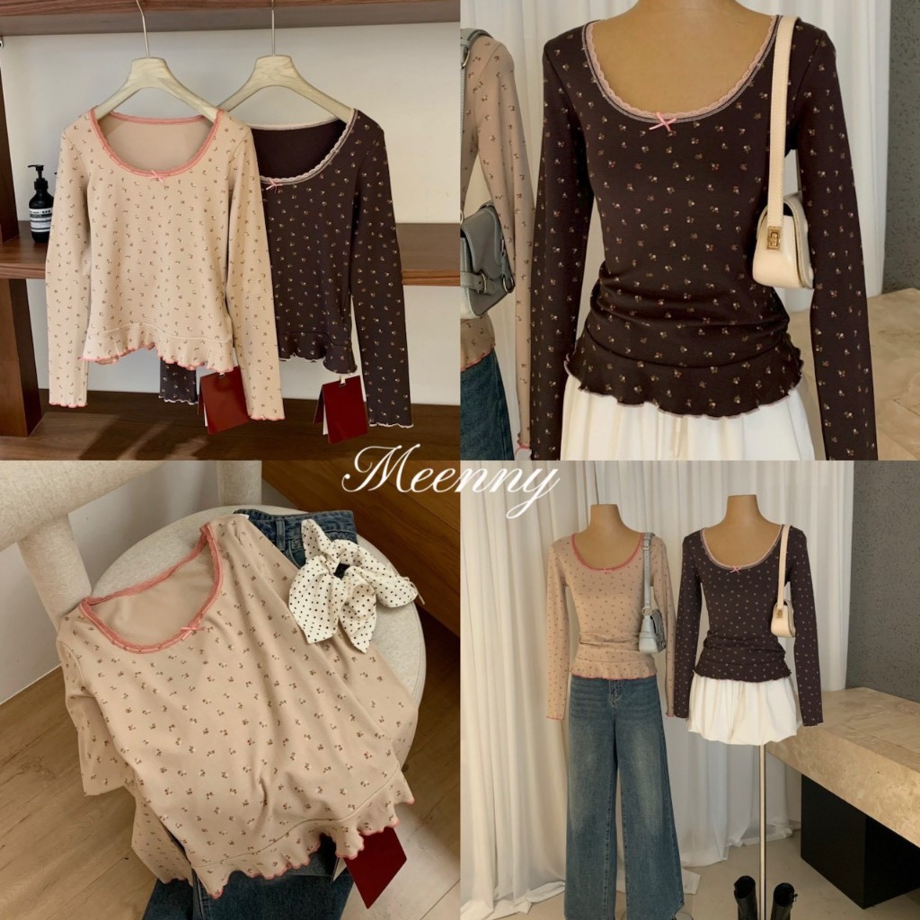 Meenny Closet | YD02 (มีSize) เสื้อยืดเเขนยาวลายดอกไม้เกาหลี