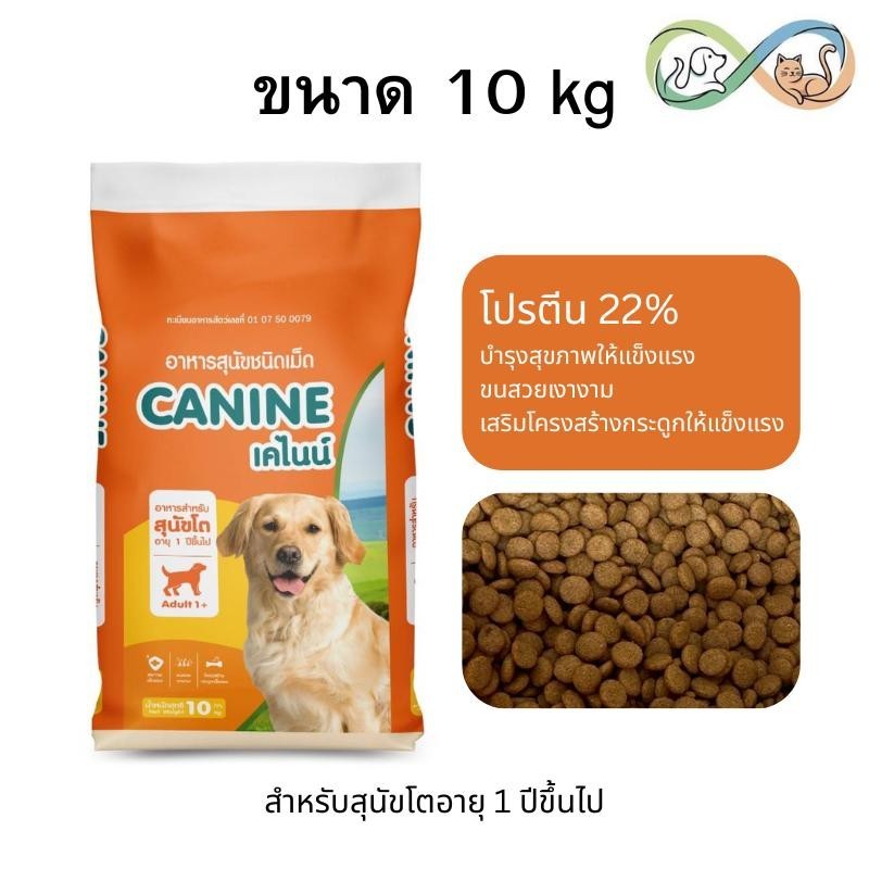 Canine เคไนน์ อาหารสุนัข ชนิดเม็ด สำหรับสุนัขอายุ 1 ปี ขึ้นไป ขนาด 10 kg โปรตีน 22% ขนนุ่มเงางาม วัตถุดิบคุณภาพ