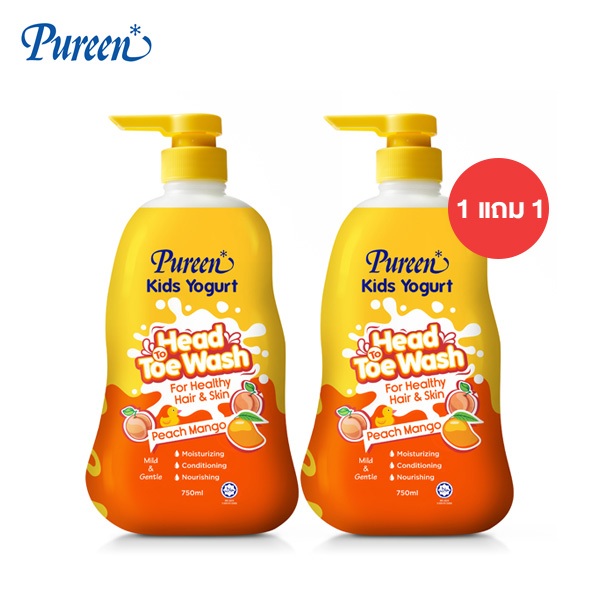 [Clearance 750 ml + ของแถม 750 ml.] Pureen เพียวรีน คิดส์โยเกิร์ต เฮดทูโทวอช กลิ่นพีชแมงโก้