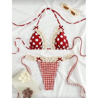 𝑴𝑨𝒀𝑼 𝑺𝒖𝒎𝒎𝒆𝒓 ✨พร้อมส่ง👙🍒บิกินี่ลายจุด ลายสก็อตแต่งลูกไม้