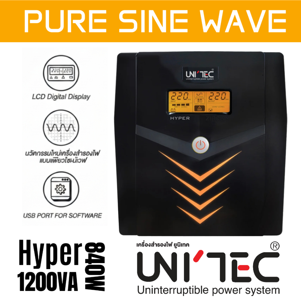 Hyper UPS 1200VA 840W สำรองไฟนาน หน้าจอ LCD อัจฉริยะ สำหรับคอมพิวเตอร์และกล้องวงจรปิด CCTV