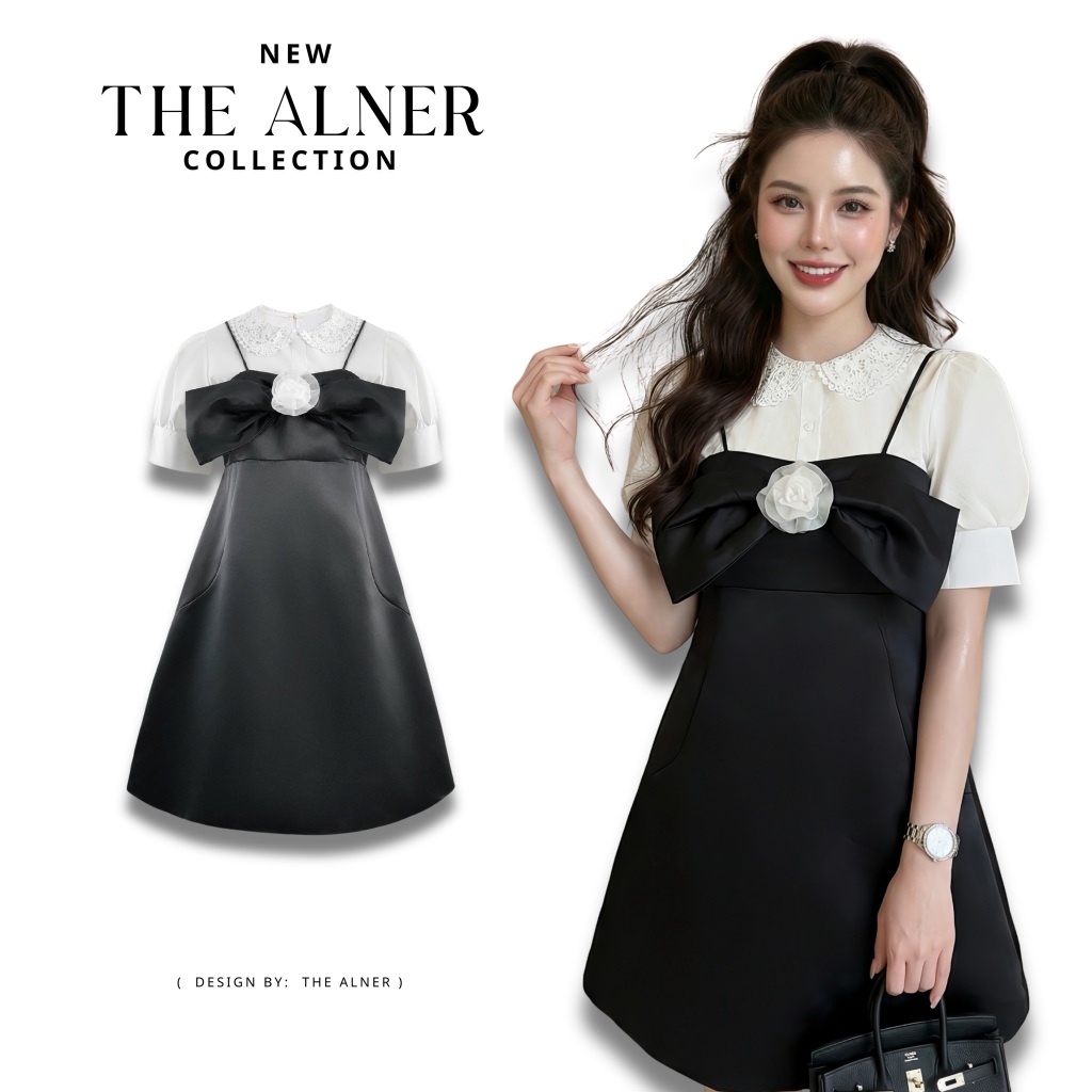 Thealner-AN734 (เดรสสายเดี่ยวดำ+เสื้อขาวคอปกแขนตุ๊กตาแต่งโบว์อก)