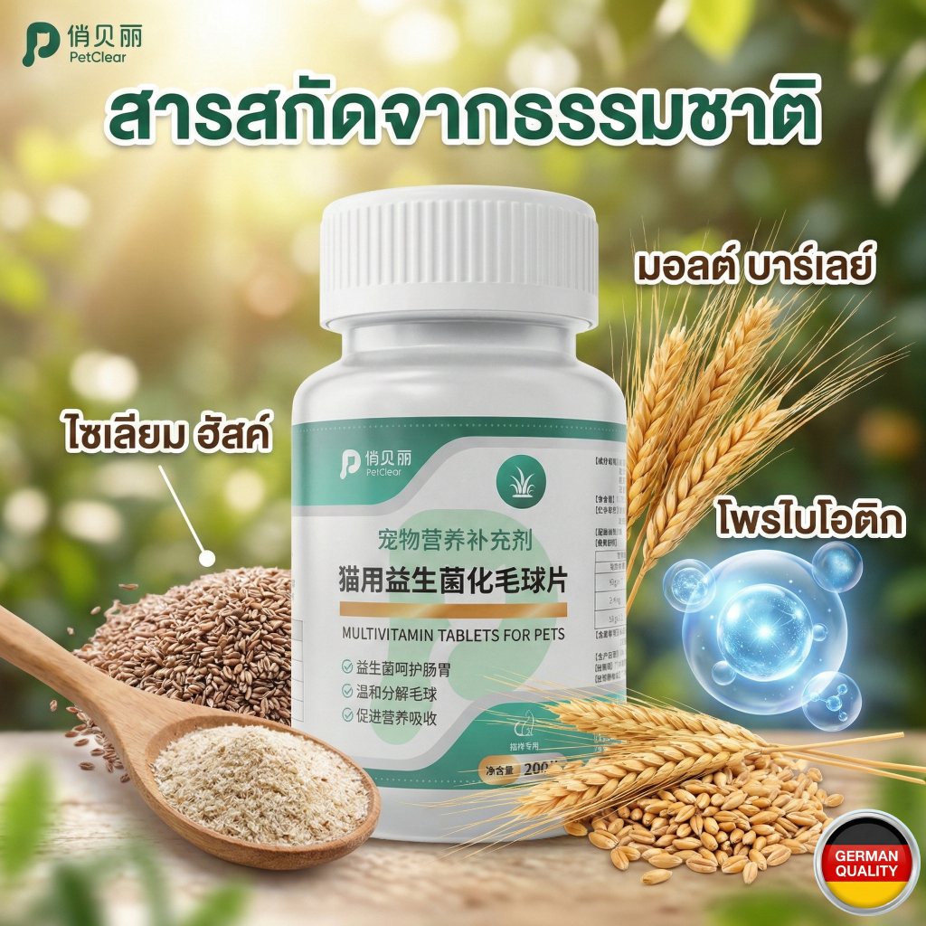 PetClear หญ้าแมวอัดเม็ด สูตรธรรมชาติ ไซเลียมฮัสค์ + มอลต์ ขจัดก้อนขน อ่อนโยน ไม่ทำร้ายลำไส้ (200 เม็ด)