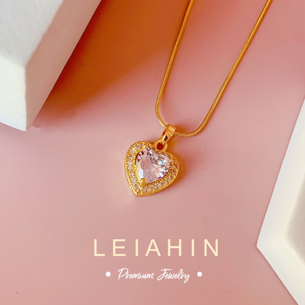 LEIAHIN Jewelry ผู้หญิงแฟชั่น 18k ชุบทองสร้อยคอประกายเพทายรักจี้หัวใจ 1077n