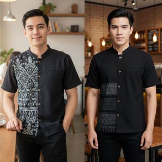 เสื้อลายไทยทูโทนผู้ชายแขนสั้น เนื้อผ้าฝ้ายพิมพ์ลายหมักโคลน โ…