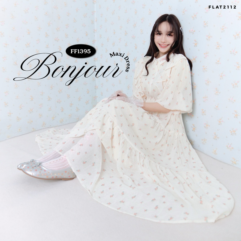 FLAT2112 : BONJOUR MAXI DRESS เดรสยาวสีครีมลายดอก ลุคคุณหนูละมุน คอปกเรียบ แขนพองนิด ๆ ทรงสุภาพใส่สบาย (FF1395)