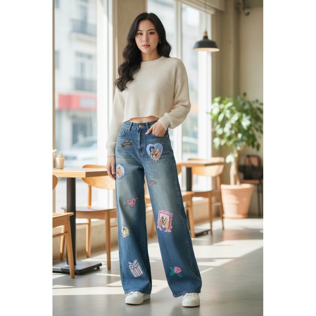 Baggy jeans แต่งลายน้องหมาสุดคิ้ว มีไซส์ S-6XL เอว 24-43“