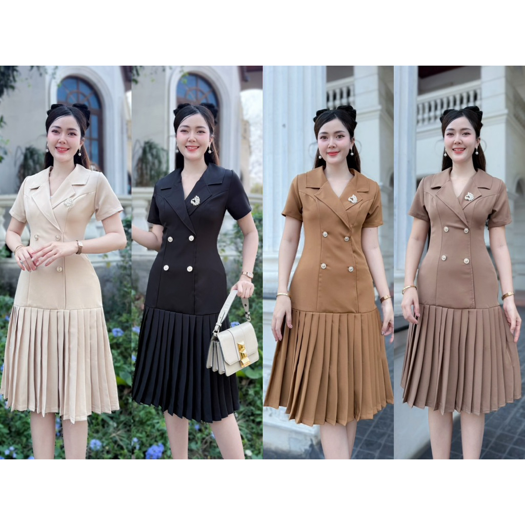 D23 เดรสคอปก แต่งกระดุมหน้าชายกระโปรงอัดพรีส แฟชั่นสตรี ยาว 39-40" ผ้าเปเป้ ดีไซน์คลาสสิก สำหรับทุกโอกาส