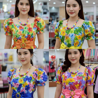 เสื้อย้อนยุคคนโตลายดอกแขนตุ๊กตา เสื้อทองกวาวลายดอก ตรีมย้อนย…