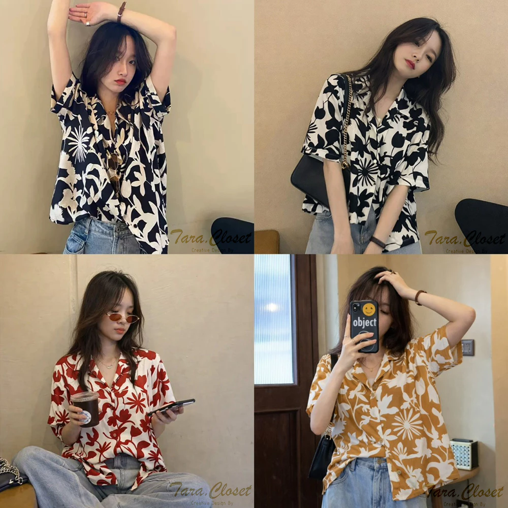 IT049 TARA Hawaii เสื้อเชิ้ตปกฮาวาย ลายดอก แขนสั้น กระดุมหน้า สไตล์เกาหลี เนื้อผ้าไหมอิตาลีพิมพ์ลายอย่างดี